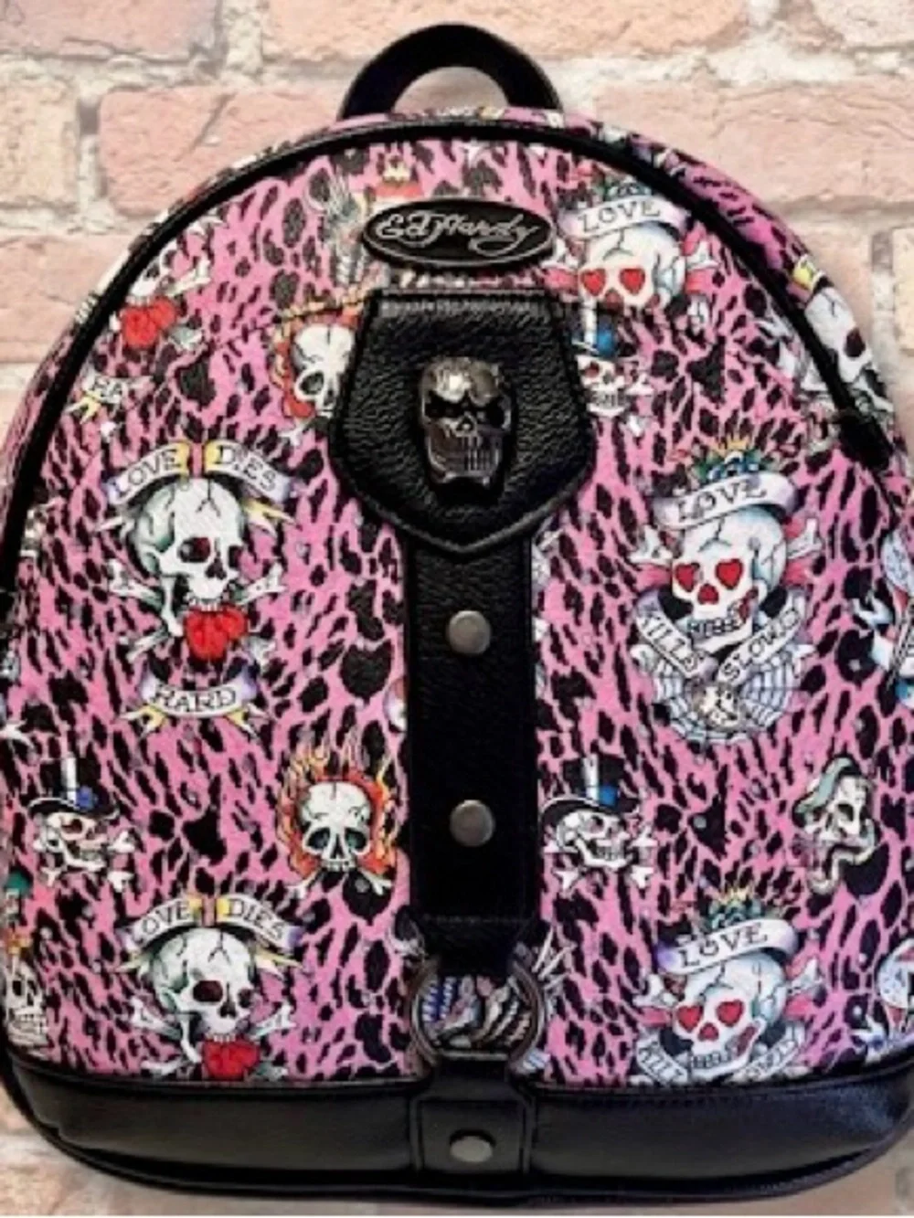ED HARDY Pink Leopard Skulls Love Kills Backpack. Streetwear, Y2K, Alternative